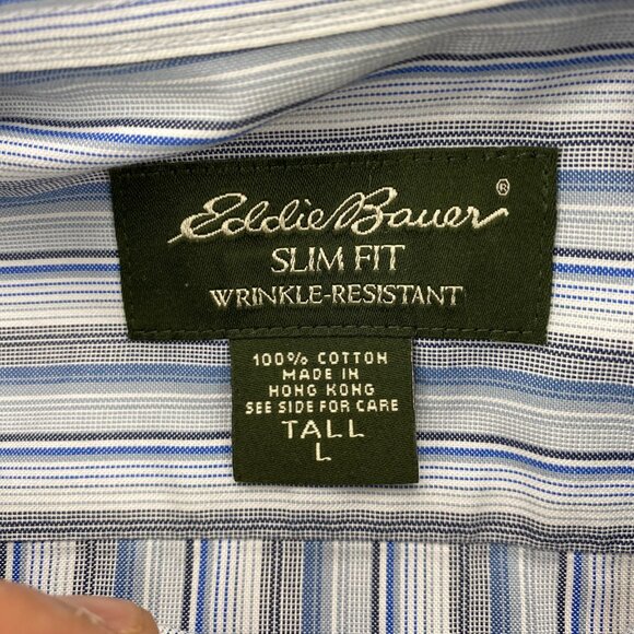 Eddie Bauer Shirt Men L Tall Slim Fit Blue White Gray Striped Wrinkle Resistant - Picture 4 of 9
